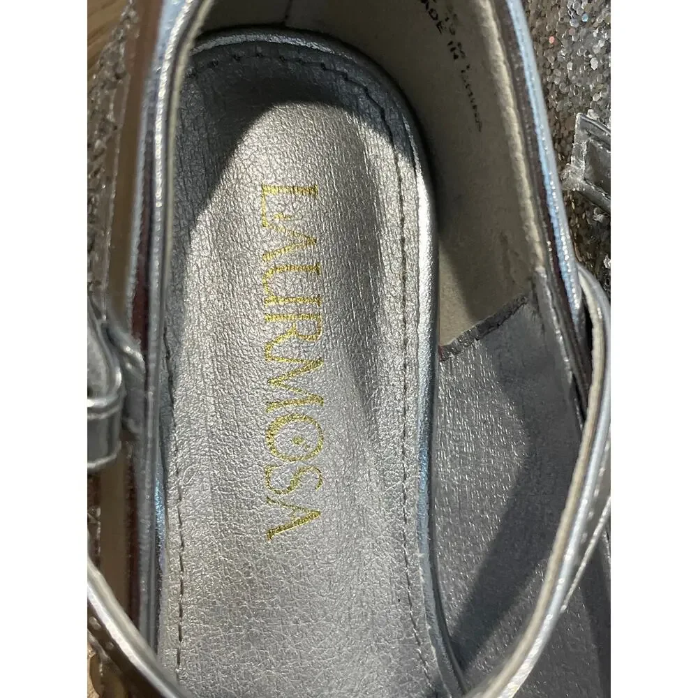 Laurmosa Girls Silver Glitter Mary Jane Shoes Size 13 Low Heel Bow Detail